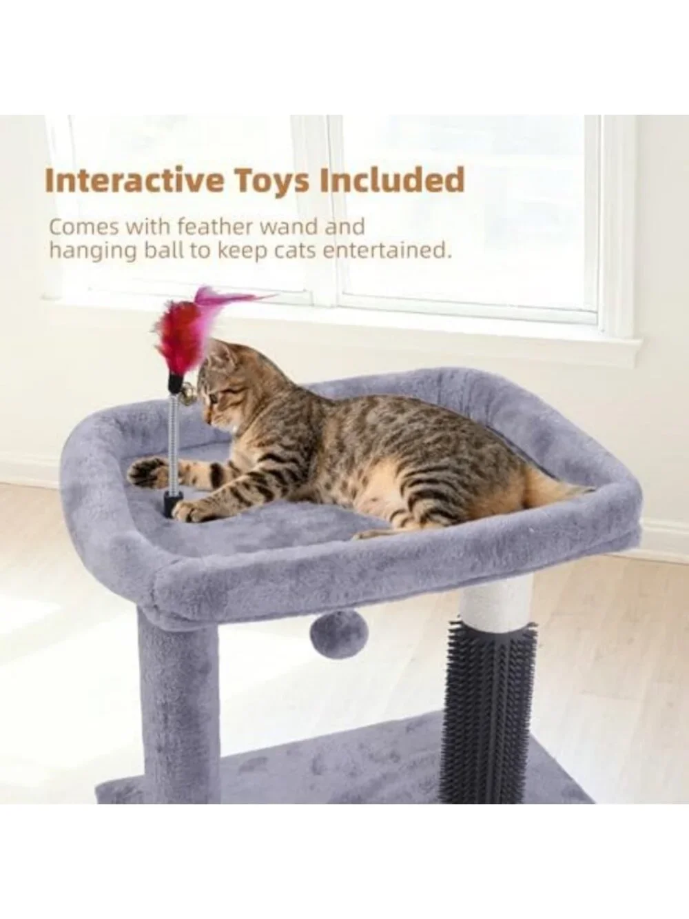 Cozy Cat Tree Tower with Self-Grooming Brush, Scratching Post & Interactive Toys